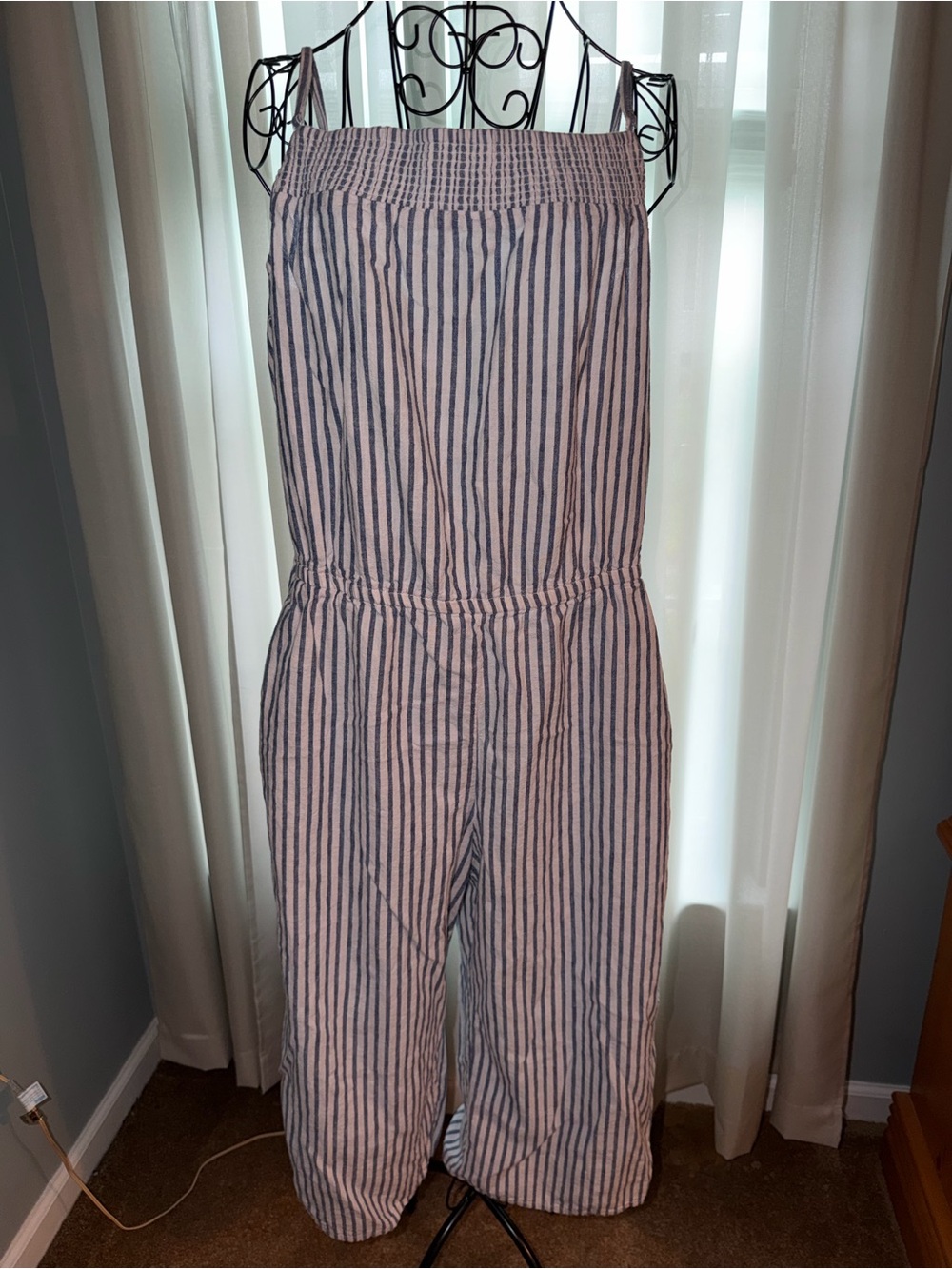 beachlunchlounge Blue White Striped Smocked Wide Leg Jumpsuit Size XL